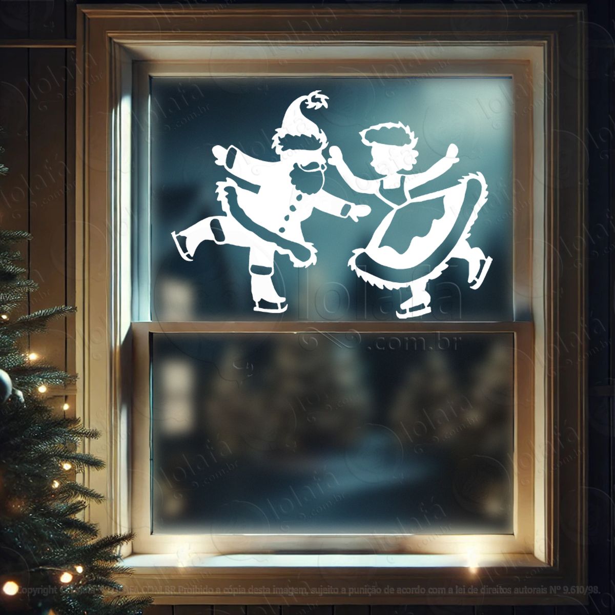 Papai Noel e Mamãe Noel Patinando Adesivo de Natal para Vitrine, Parede, Porta - Fácil Remoção Mod:747