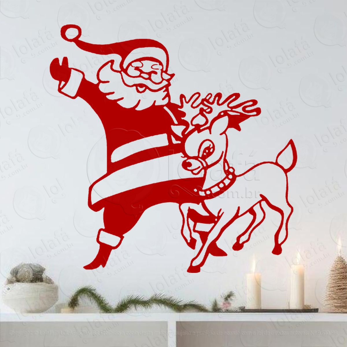 Papai Noel com Rena Adesivo de Natal para Vitrine, Parede, Porta - Fácil Remoção Mod:756