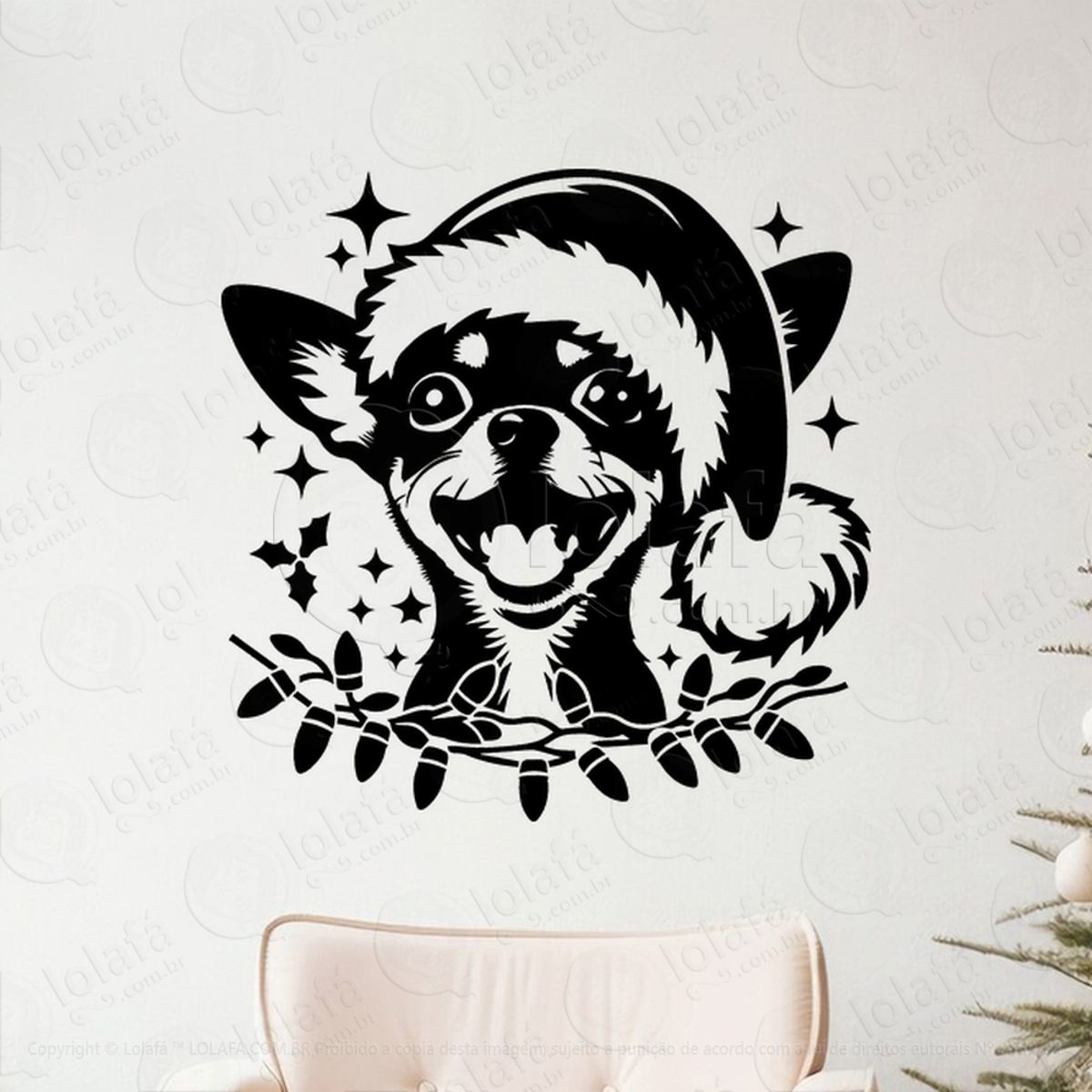 Cachorro Pinscher Gorro de Natal Adesivo de Natal para Vitrine, Parede, Porta - Fácil Remoção Mod:768