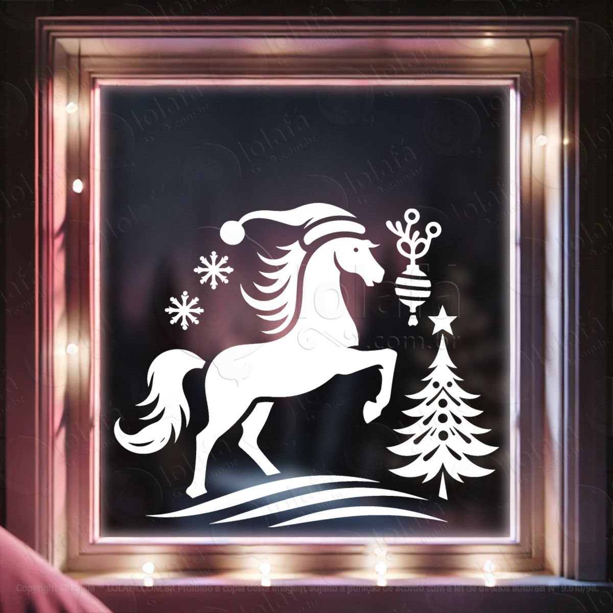 Cavalo de Gorro e Árvore de Natal Adesivo de Natal para Vitrine, Parede, Porta - Fácil Remoção Mod:774