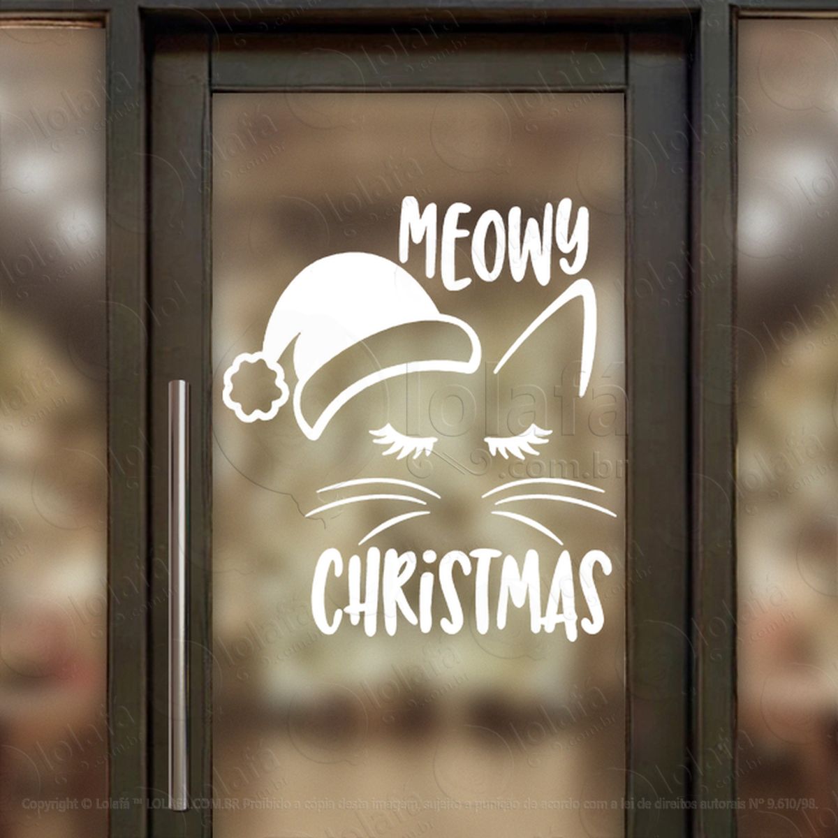 Gato de Gorro Frase Meowy Christmas Adesivo de Natal para Vitrine, Parede, Porta - Fácil Remoção Mod:775