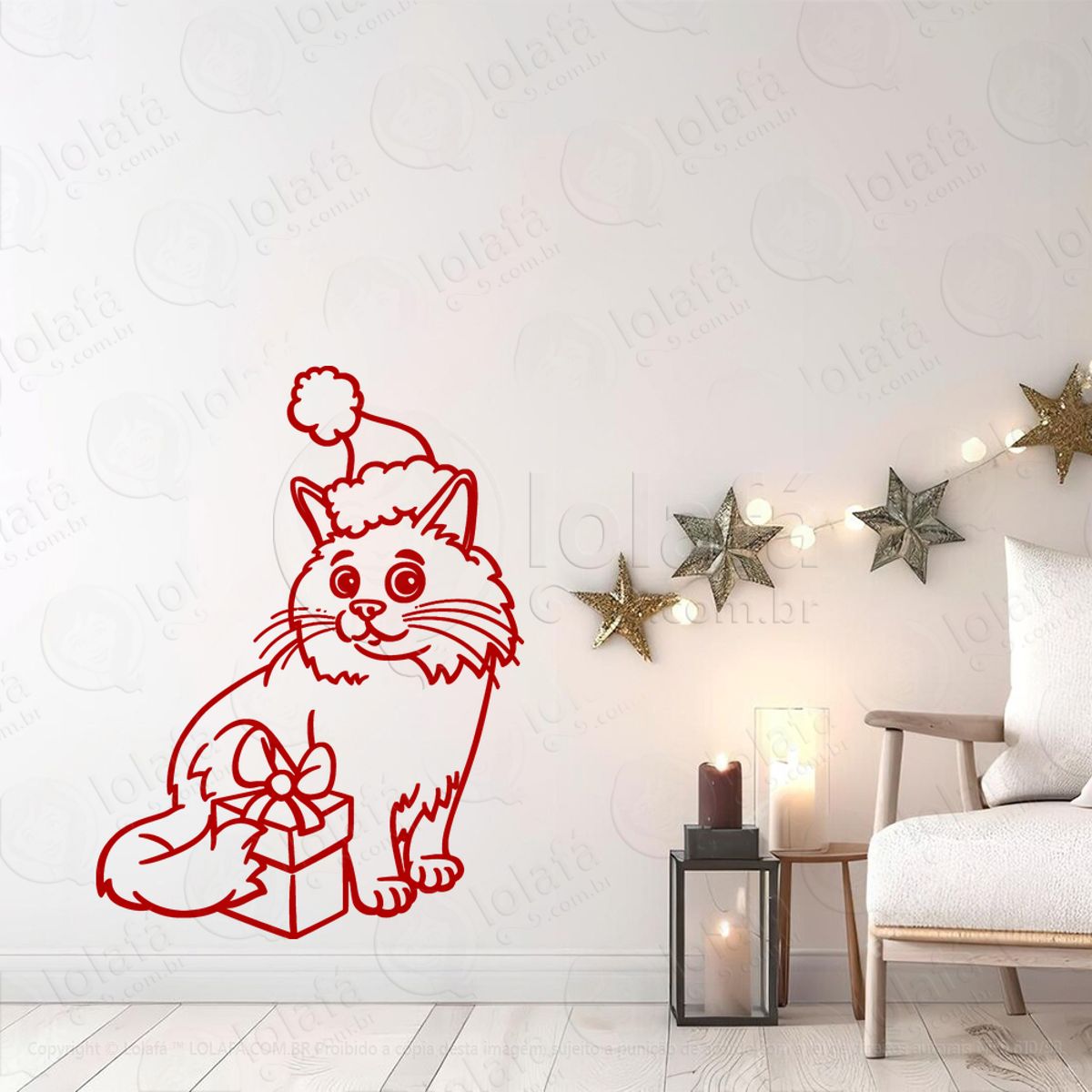 Gato Pet com Gorro de Natal Adesivo de Natal para Vitrine, Parede, Porta - Fácil Remoção Mod:777