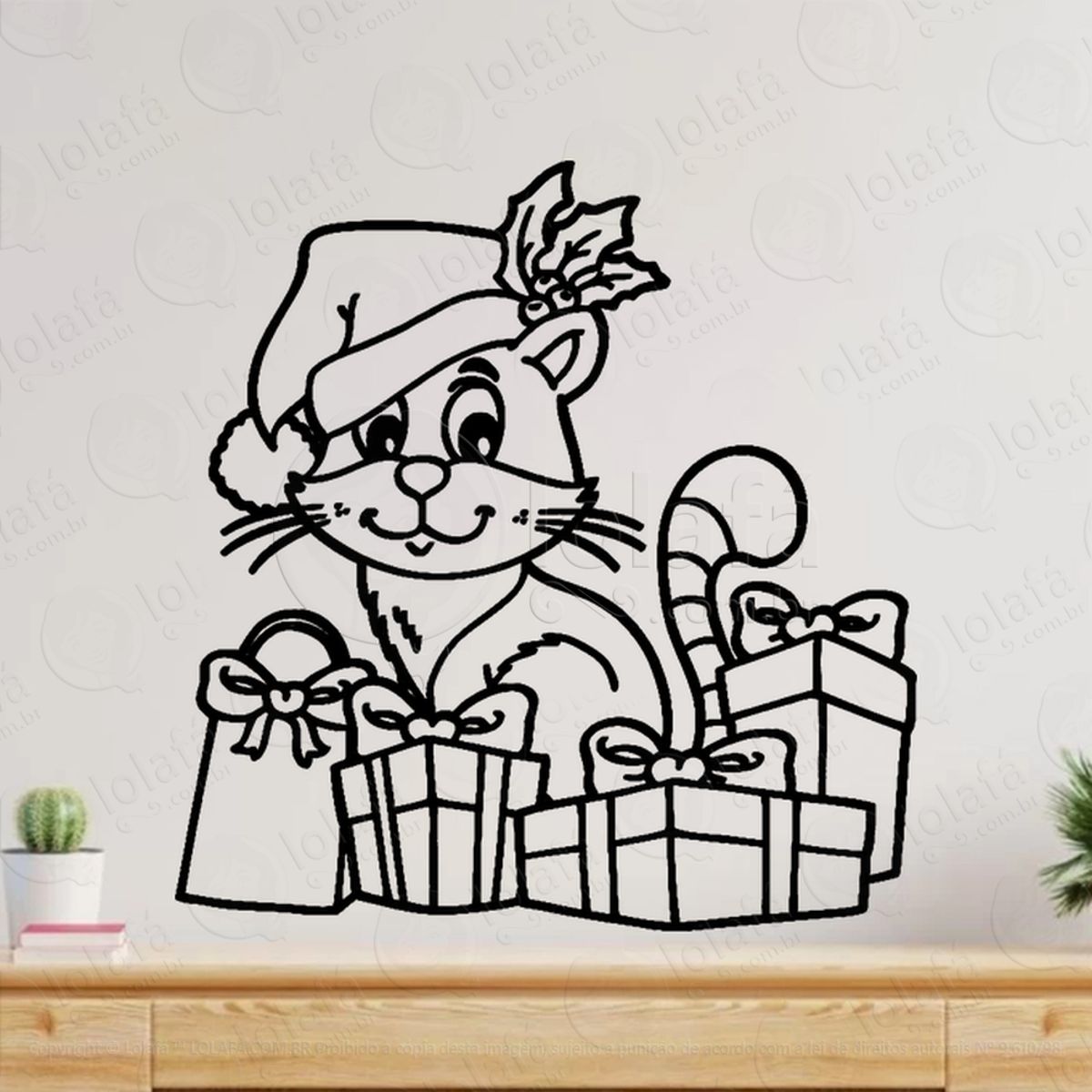 Gato Pet com Gorro de Natal Adesivo de Natal para Vitrine, Parede, Porta - Fácil Remoção Mod:778