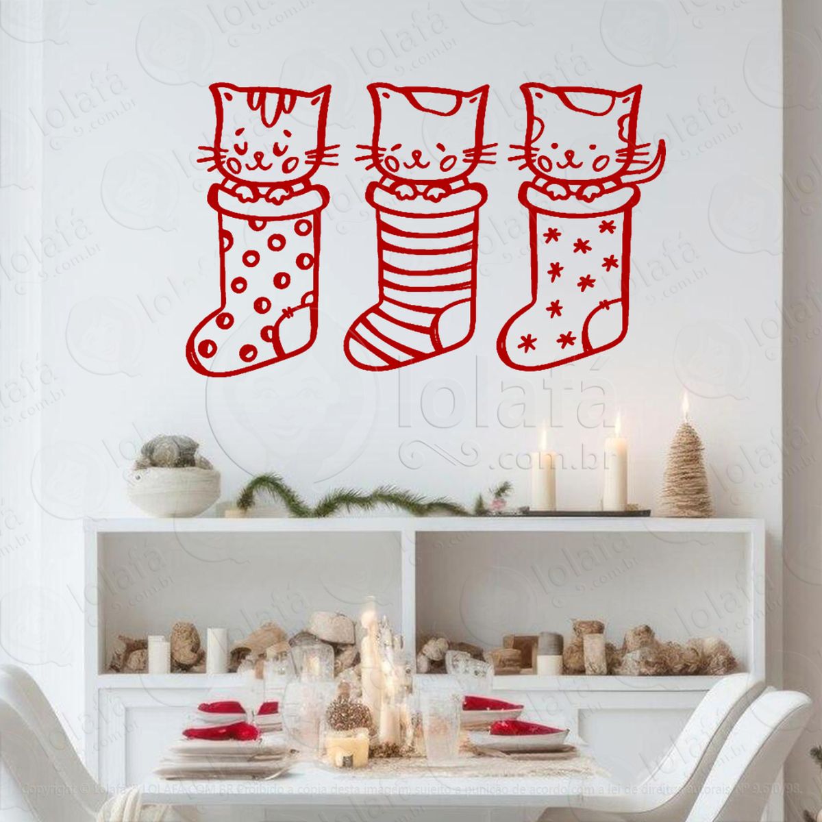 Gatos Pet Dentro das Meias de Natal Adesivo de Natal para Vitrine, Parede, Porta - Fácil Remoção Mod:779