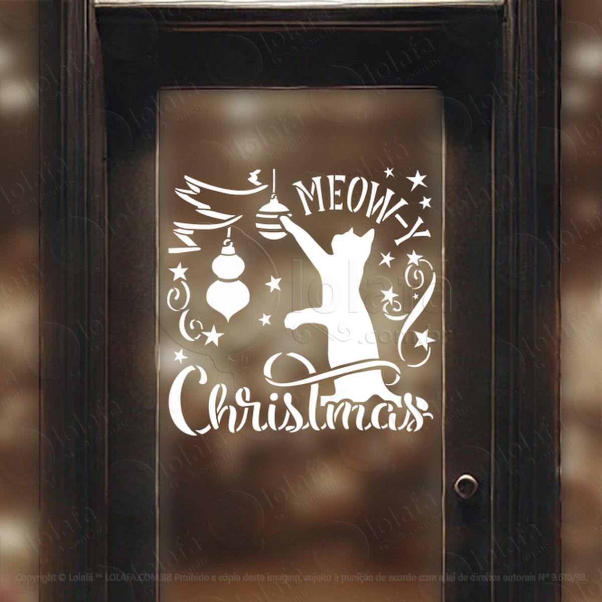 Gato Pet com Frase Meow-y Christmas Adesivo de Natal para Vitrine, Parede, Porta - Fácil Remoção Mod:781