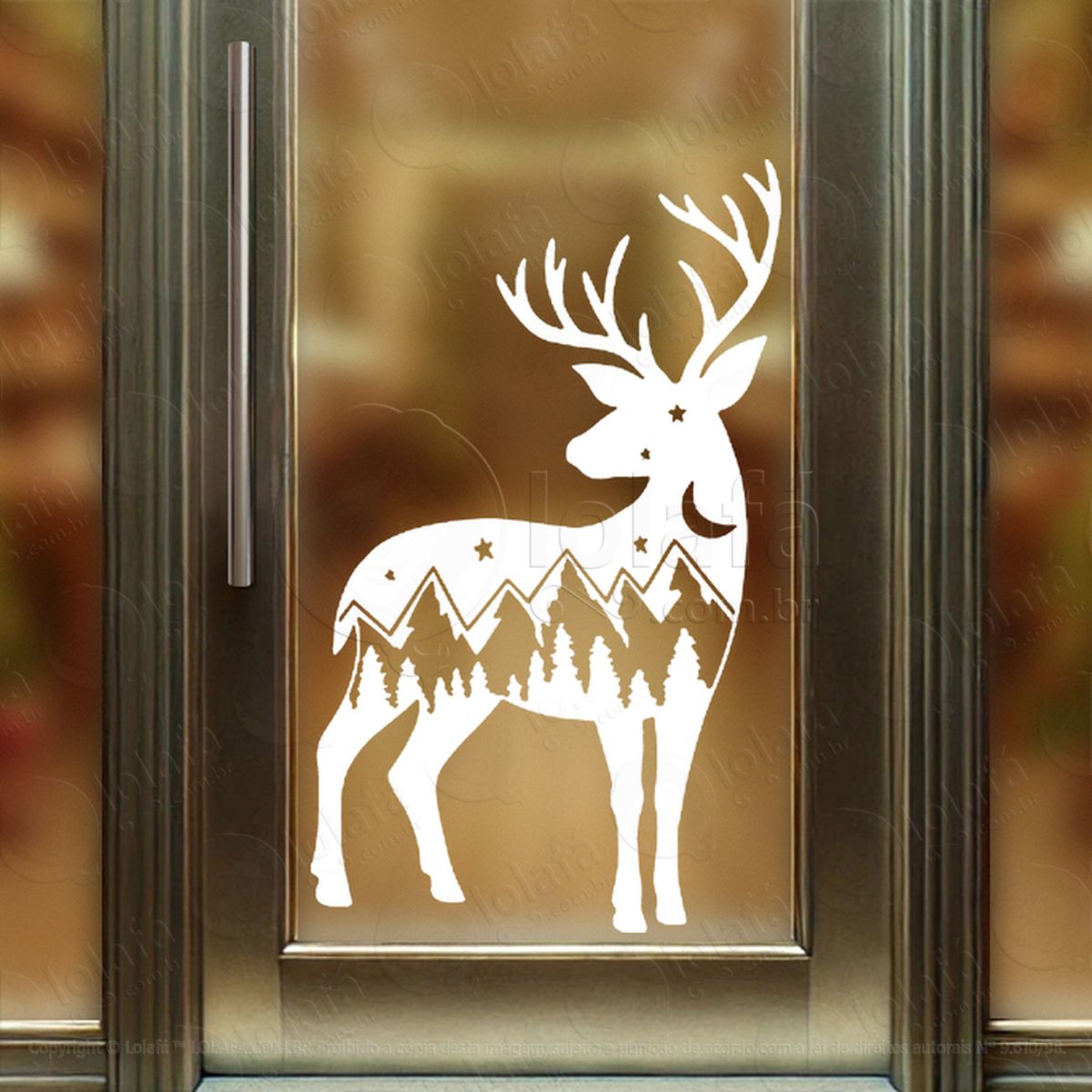 Rena do Natal com Floresta Adesivo de Natal para Vitrine, Parede, Porta - Fácil Remoção Mod:789