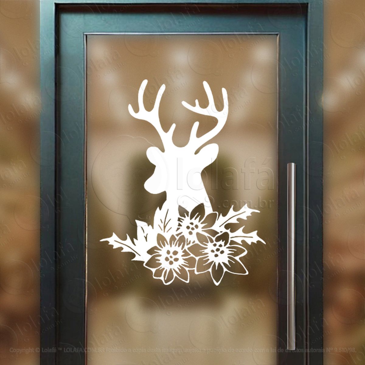 Rena do Natal com Flores Adesivo de Natal para Vitrine, Parede, Porta - Fácil Remoção Mod:796