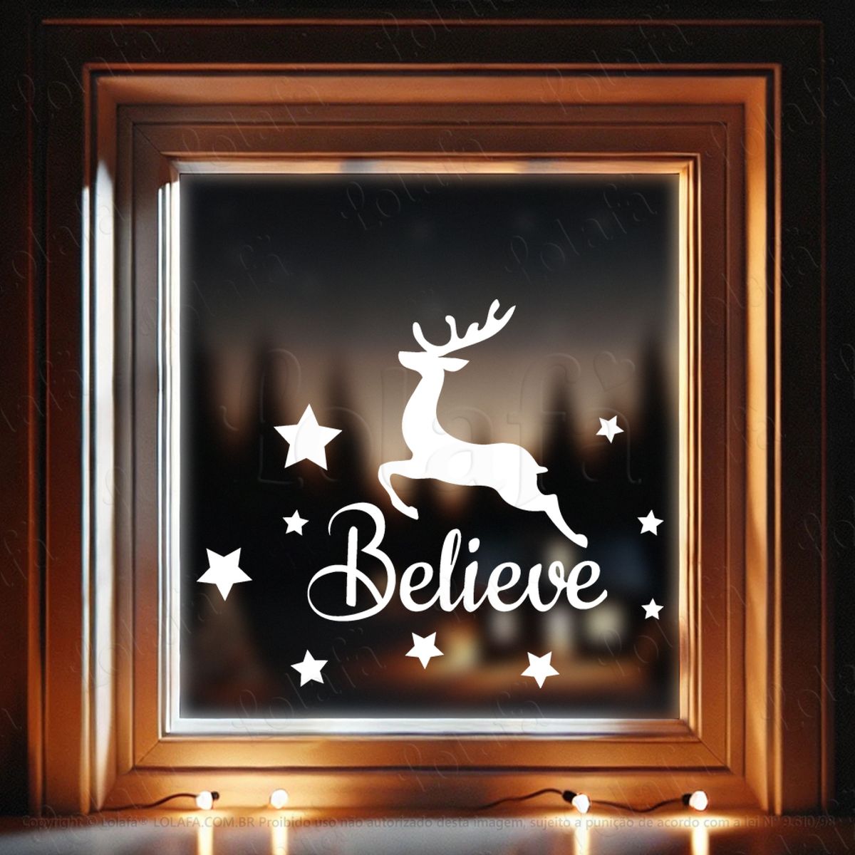 Rena do Natal com Frase Believe Adesivo de Natal para Vitrine, Parede, Porta - Fácil Remoção Mod:807