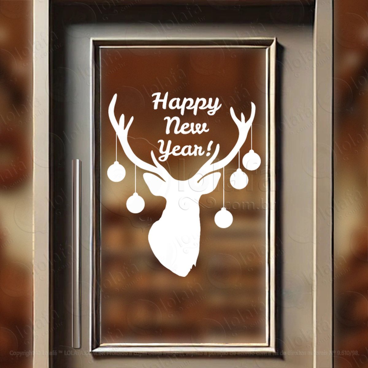 Rena e Frase Happy New Year! Adesivo de Natal para Vitrine, Parede, Porta - Fácil Remoção Mod:808