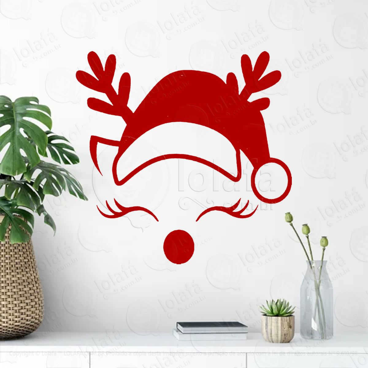 Rena do Natal com Gorro Adesivo de Natal para Vitrine, Parede, Porta - Fácil Remoção Mod:811