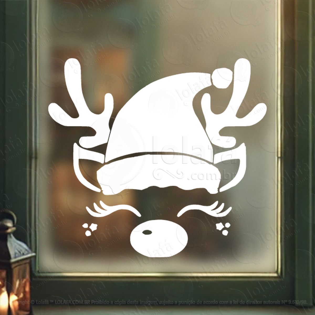 Rena do Natal com Gorro Adesivo de Natal para Vitrine, Parede, Porta - Fácil Remoção Mod:814