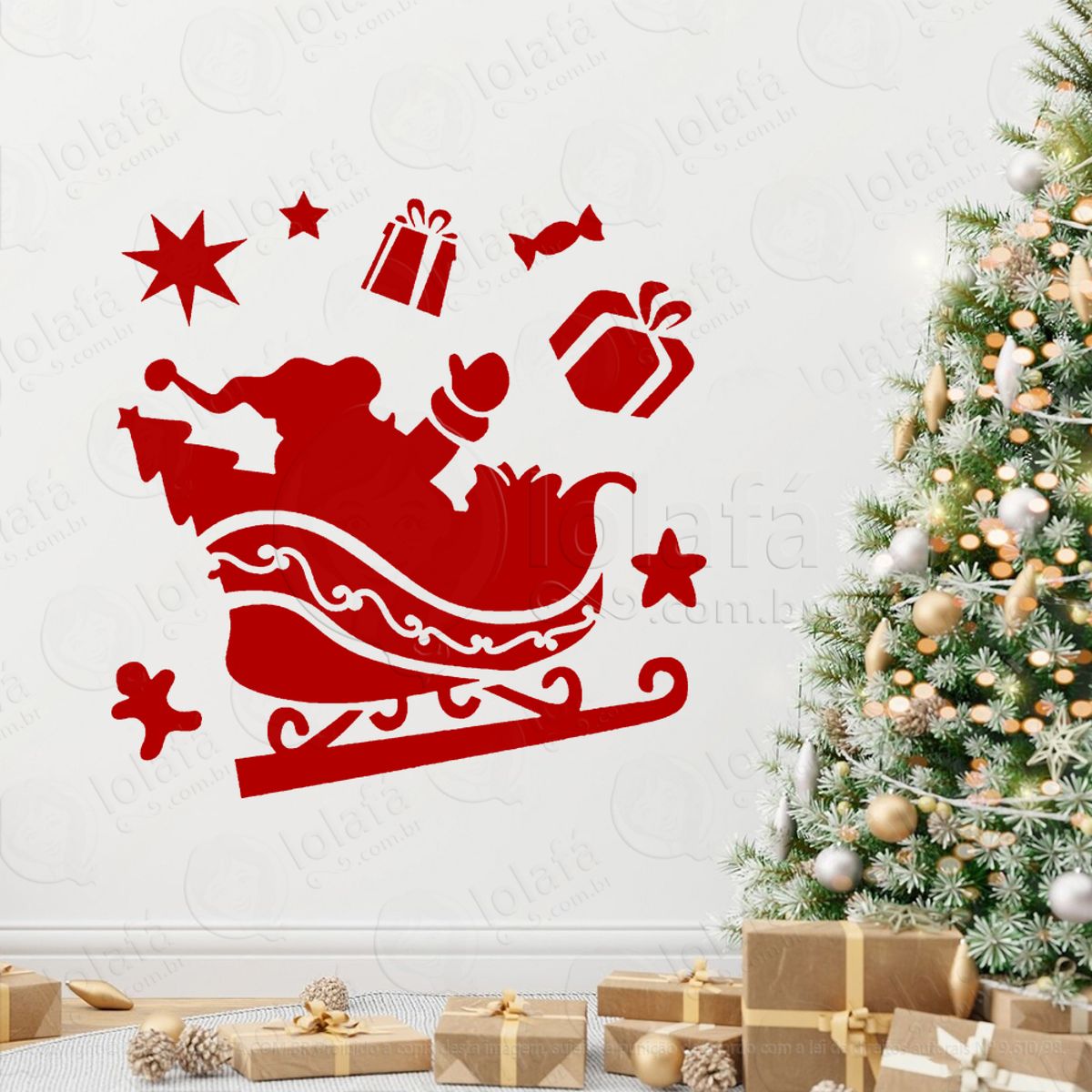 Trenó do Papai Noel com Presentes Adesivo de Natal para Vitrine, Parede, Porta - Fácil Remoção Mod:820