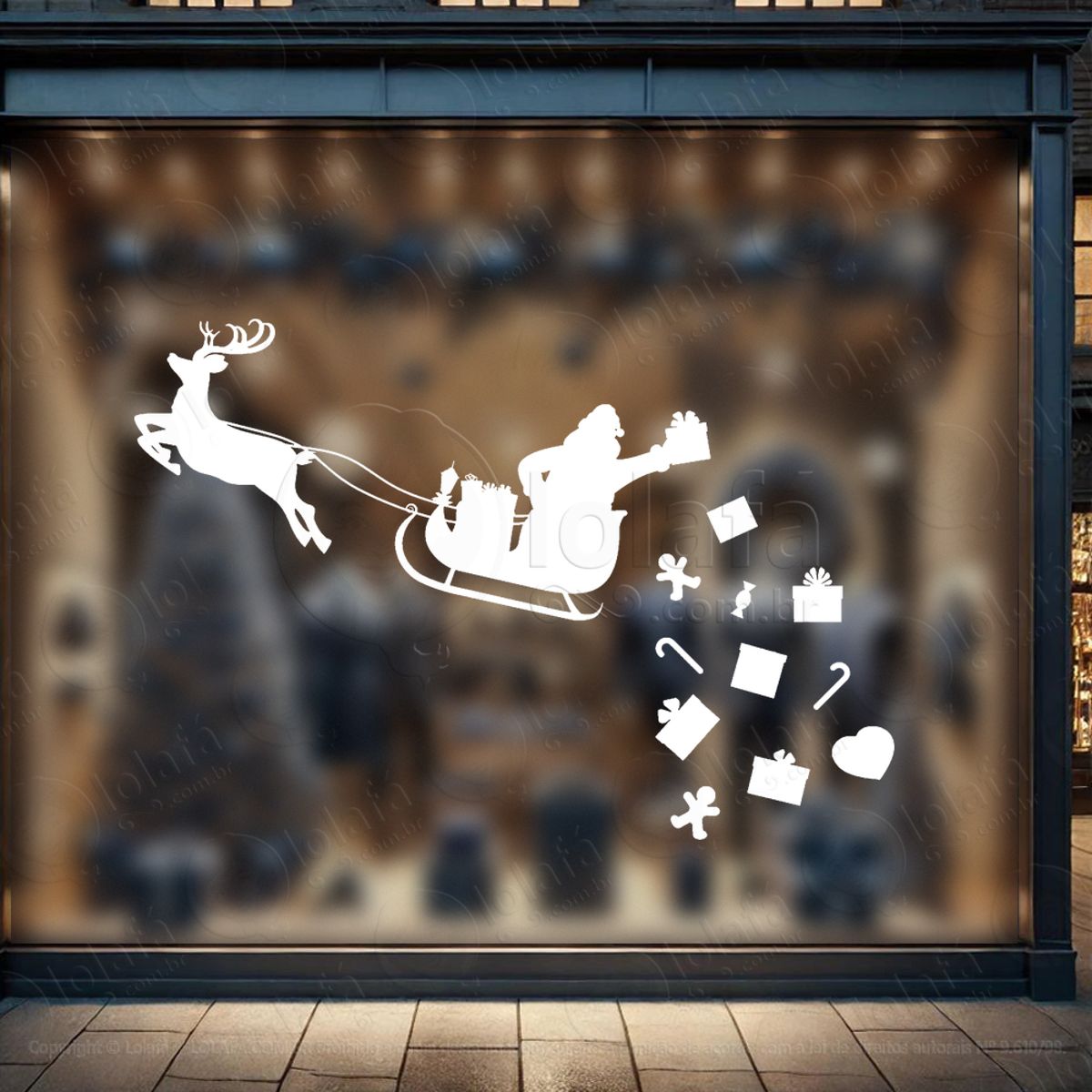Trenó do Papai Noel com Presentes Adesivo de Natal para Vitrine, Parede, Porta - Fácil Remoção Mod:825