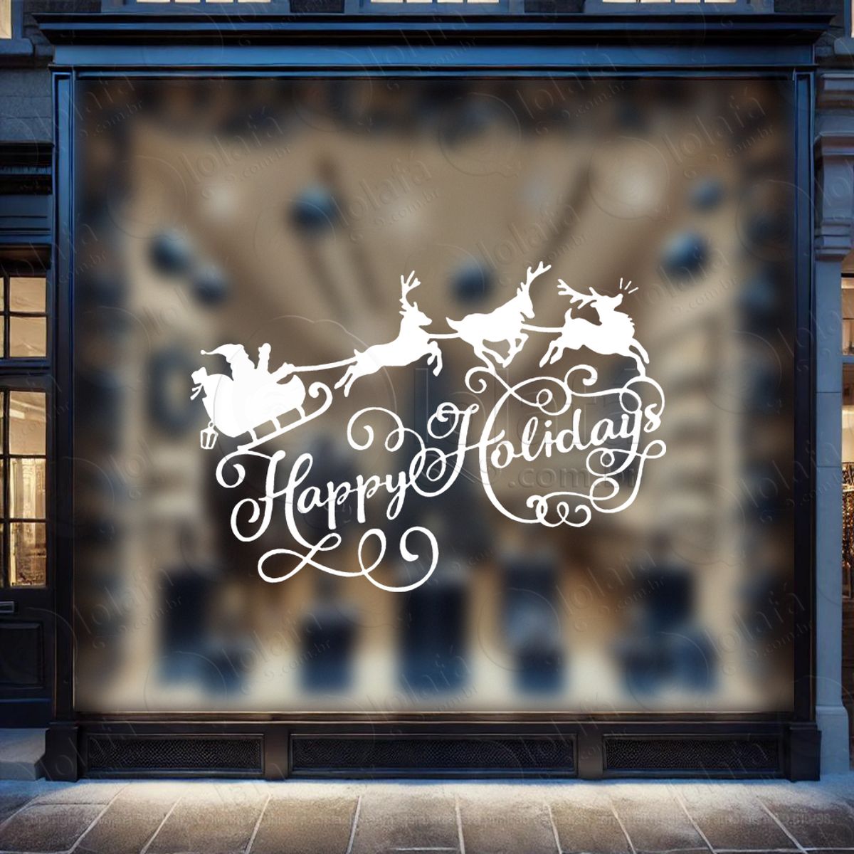 Trenó do Noel Frase Happy Holidays Adesivo de Natal para Vitrine, Parede, Porta - Fácil Remoção Mod:832