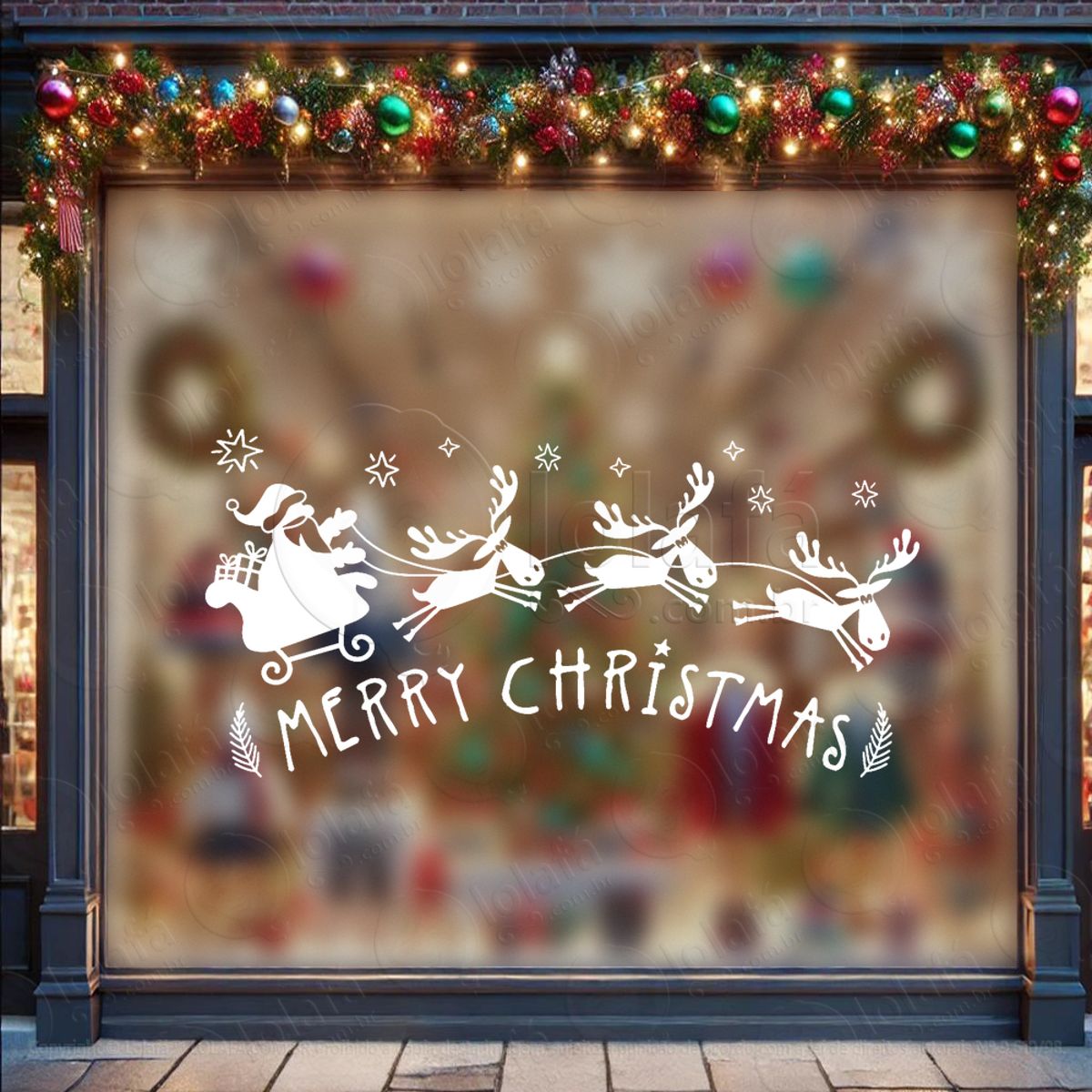 Trenó do Noel Frase Merry Christmas Adesivo de Natal para Vitrine, Parede, Porta - Fácil Remoção Mod:841
