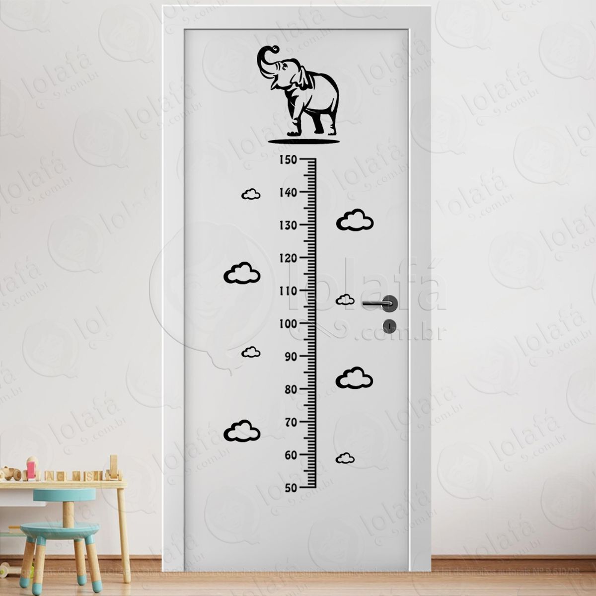 Elefante e Nuvens Adesivo Régua de Crescimento Infantil, Medidor de Altura para Quarto, Porta e Parede Mod:39