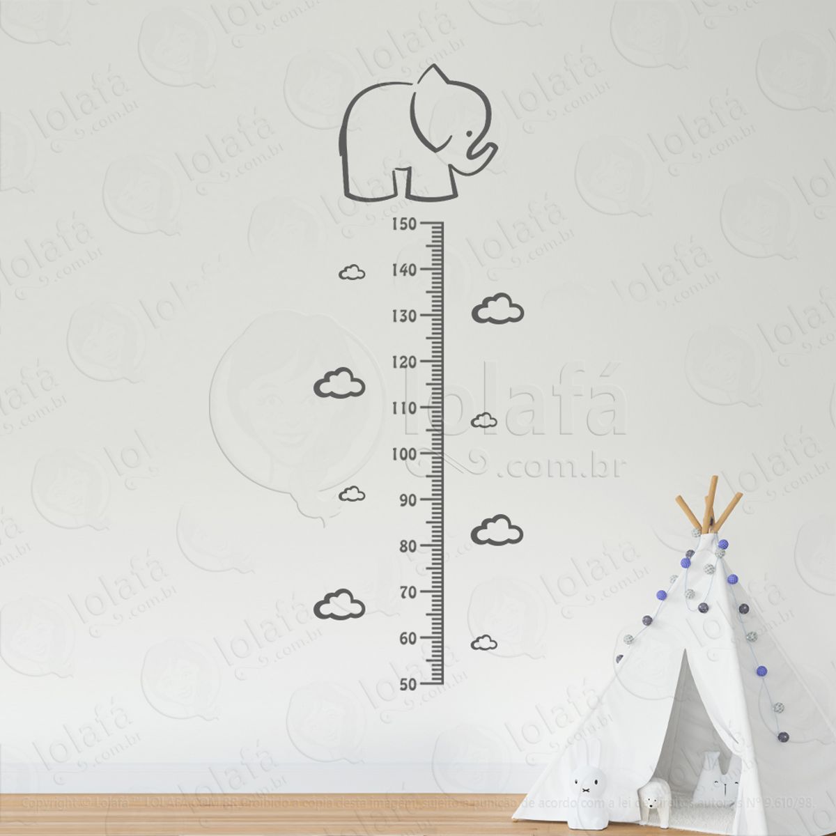 Elefante e Nuvens Adesivo Régua de Crescimento Infantil, Medidor de Altura para Quarto, Porta e Parede Mod:40
