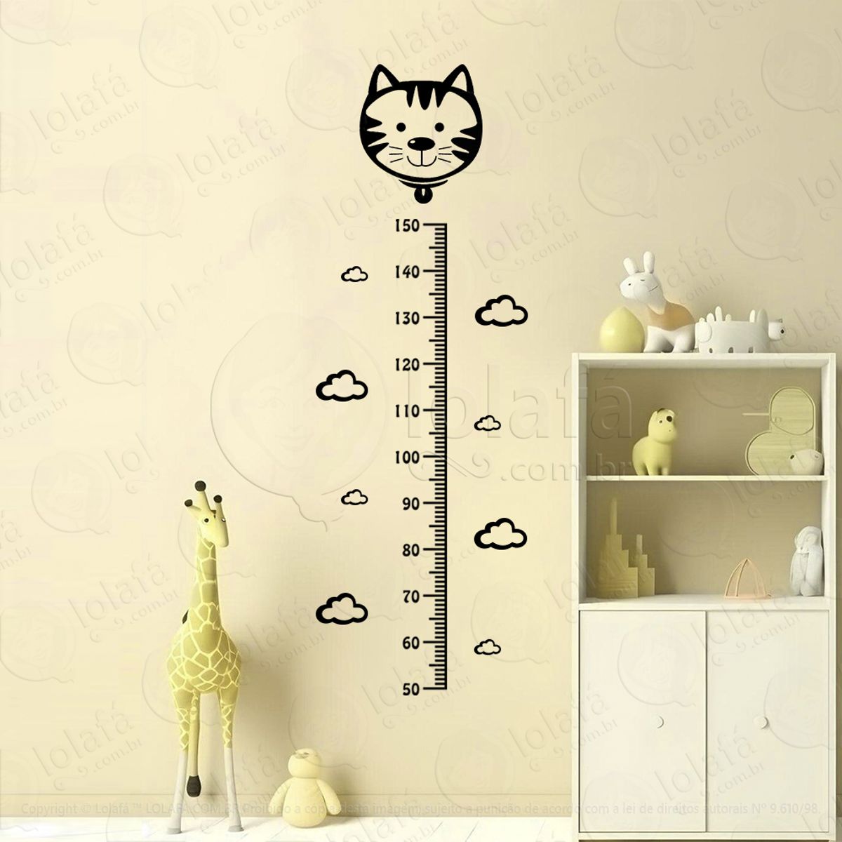 Gato e Nuvens Adesivo Régua de Crescimento Infantil, Medidor de Altura para Quarto, Porta e Parede Mod:46
