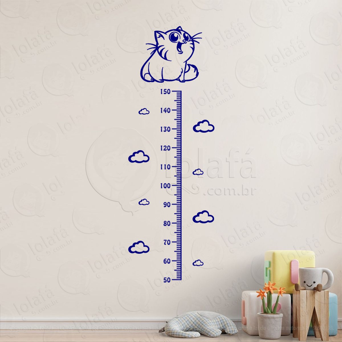 Gato e Nuvens Adesivo Régua de Crescimento Infantil, Medidor de Altura para Quarto, Porta e Parede Mod:50