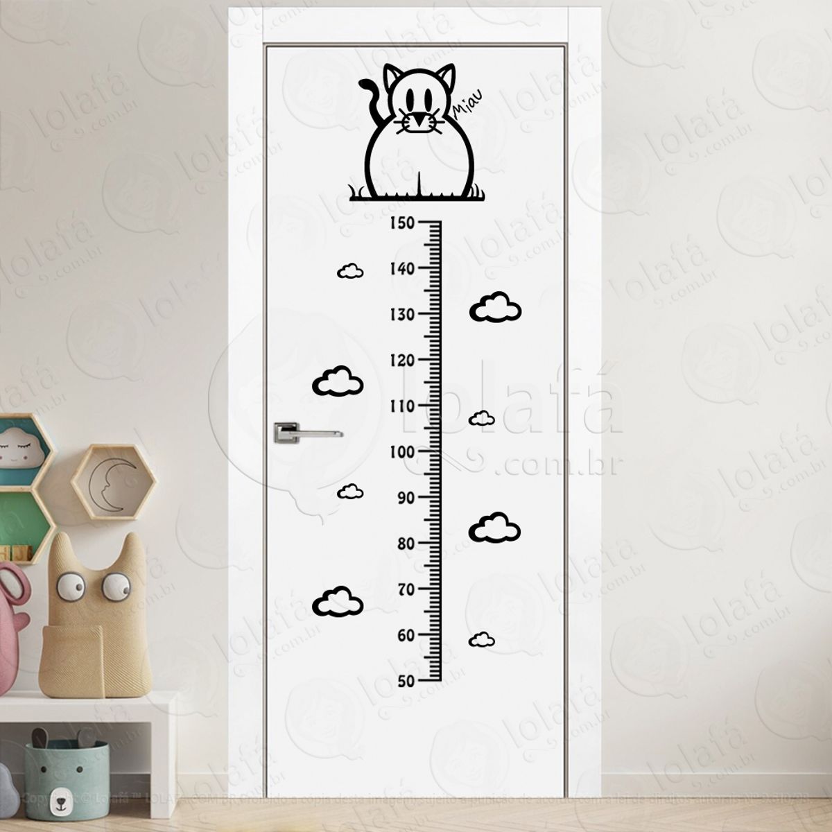 Gato e Nuvens Adesivo Régua de Crescimento Infantil, Medidor de Altura para Quarto, Porta e Parede Mod:52