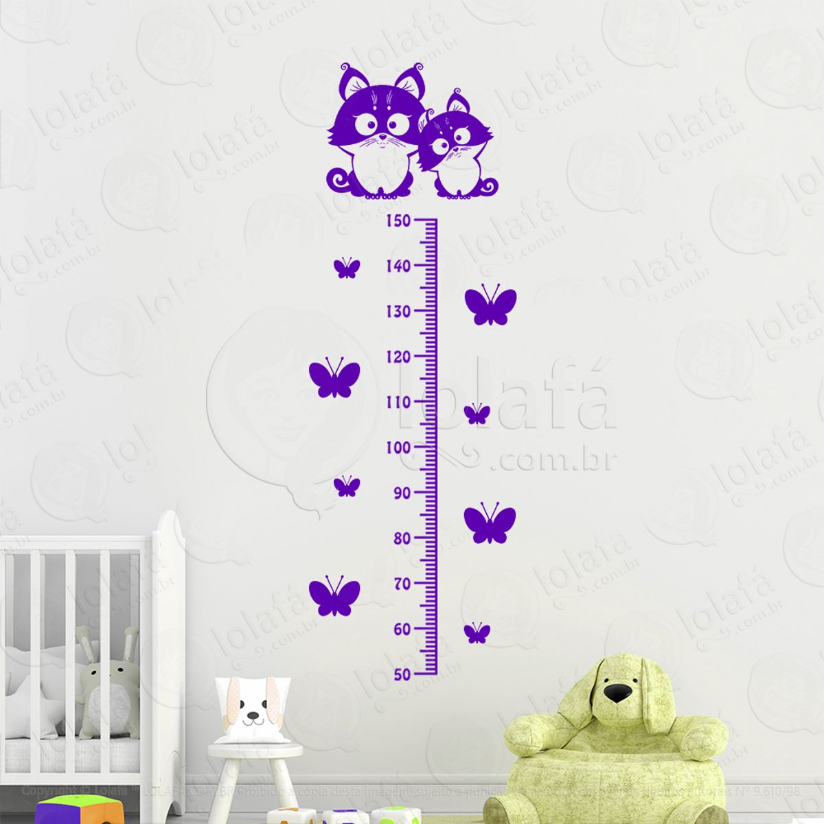 Gatos e Borboletas Adesivo Régua de Crescimento Infantil, Medidor de Altura para Quarto, Porta e Parede Mod:60