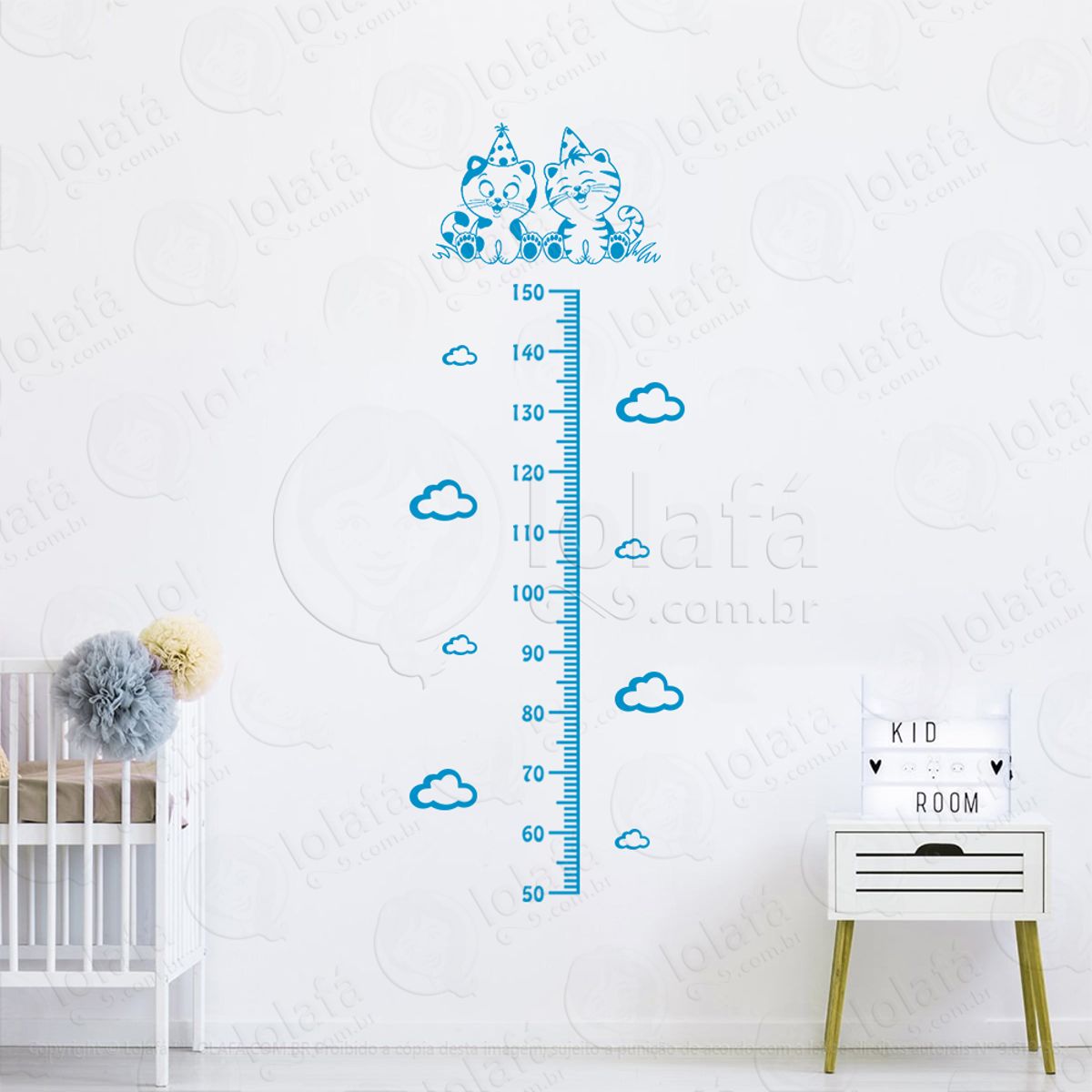 Gatos e Nuvens Adesivo Régua de Crescimento Infantil, Medidor de Altura para Quarto, Porta e Parede Mod:61