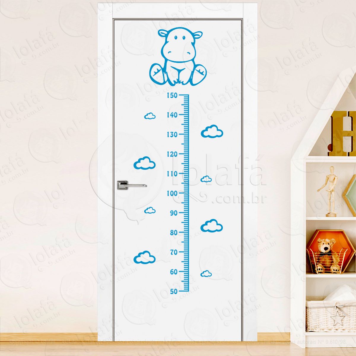 Hipopótamo e Nuvens Adesivo Régua de Crescimento Infantil, Medidor de Altura para Quarto, Porta e Parede Mod:63