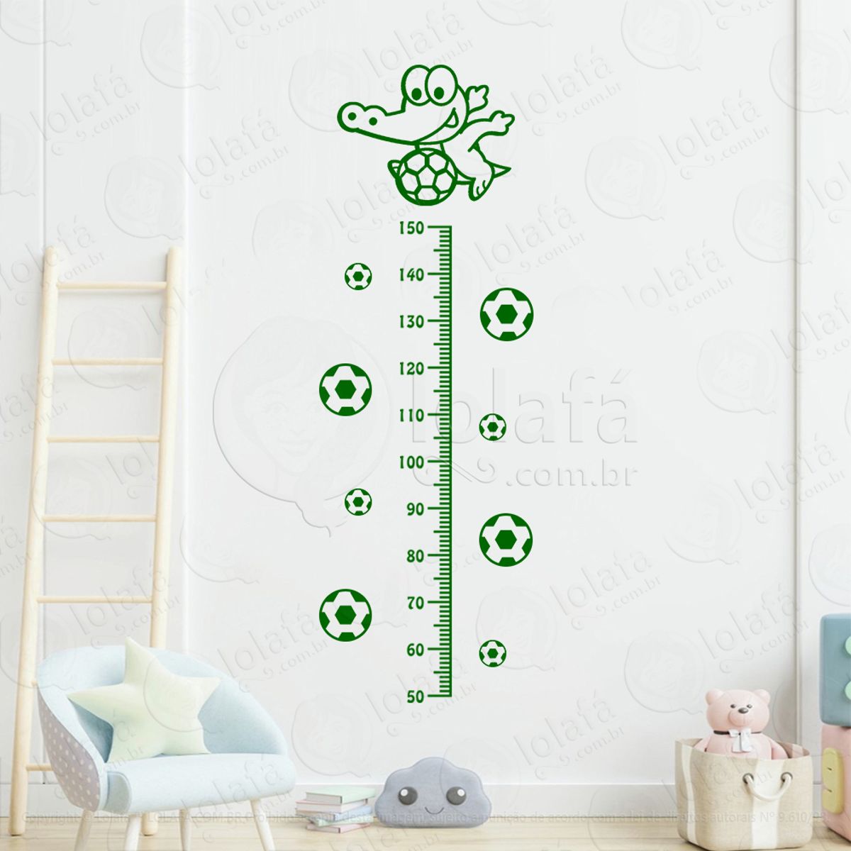 Jacaré e Bolas de Futebol Adesivo Régua de Crescimento Infantil, Medidor de Altura para Quarto, Porta e Parede Mod:64
