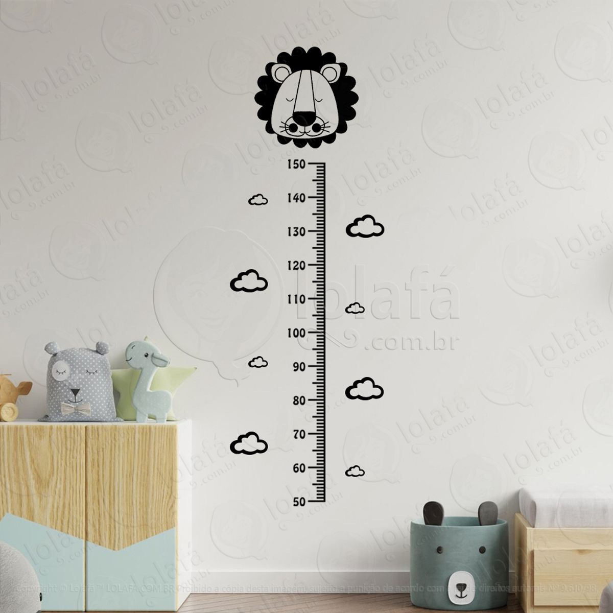 Leão e Nuvens Adesivo Régua de Crescimento Infantil, Medidor de Altura para Quarto, Porta e Parede Mod:66