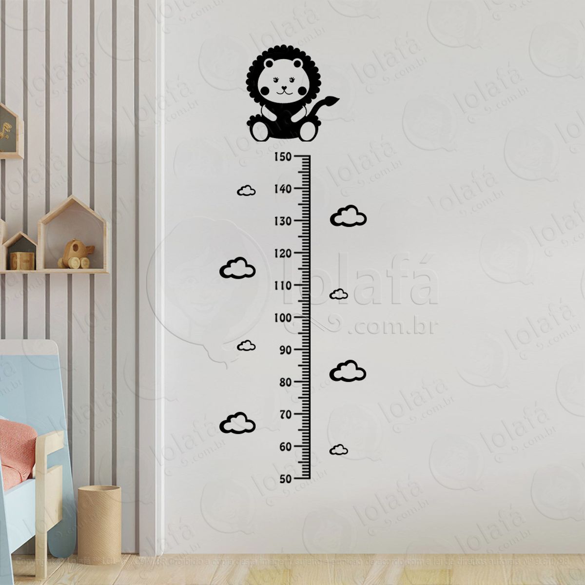 Leão e Nuvens Adesivo Régua de Crescimento Infantil, Medidor de Altura para Quarto, Porta e Parede Mod:67