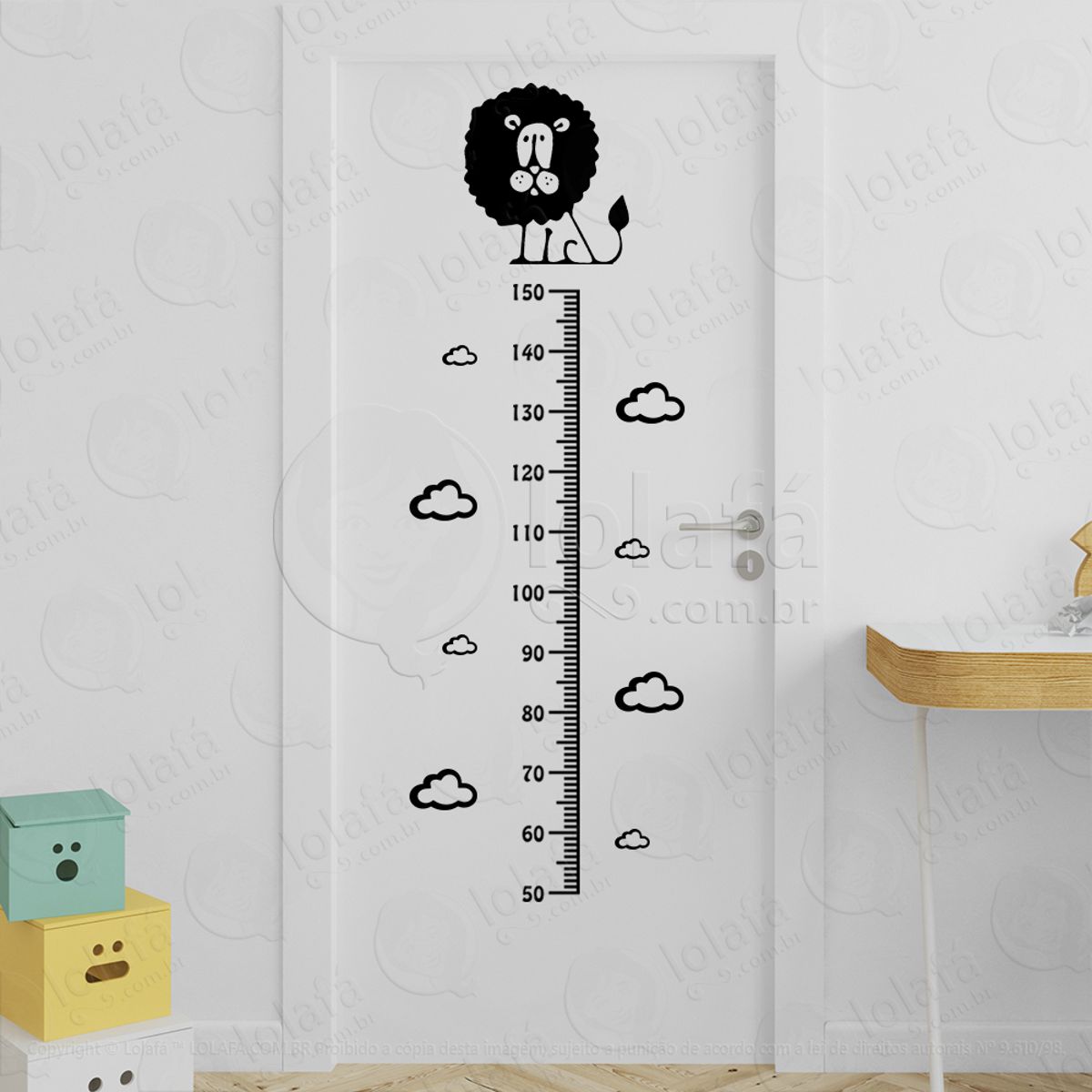 Leão e Nuvens Adesivo Régua de Crescimento Infantil, Medidor de Altura para Quarto, Porta e Parede Mod:72