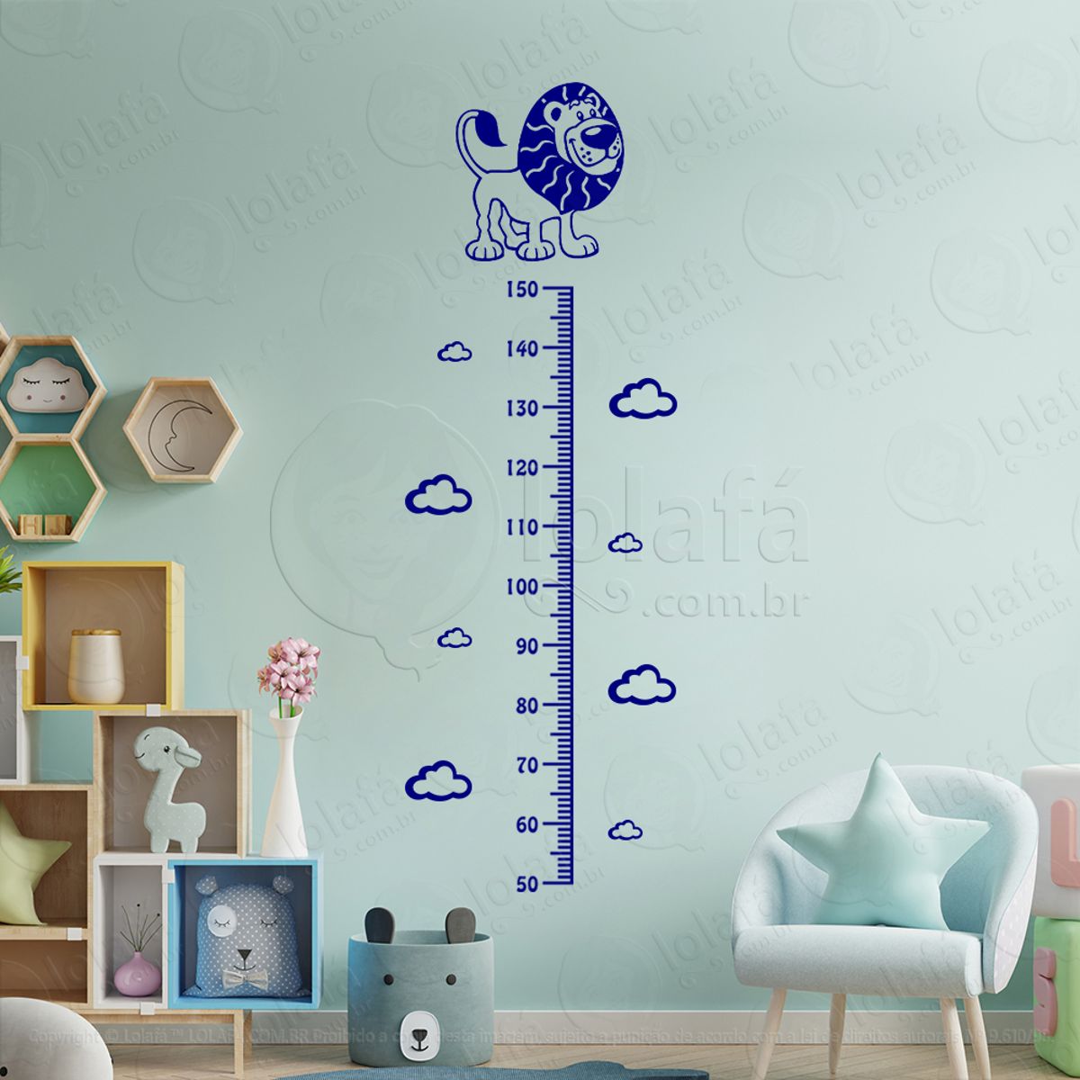 Leão e Nuvens Adesivo Régua de Crescimento Infantil, Medidor de Altura para Quarto, Porta e Parede Mod:73