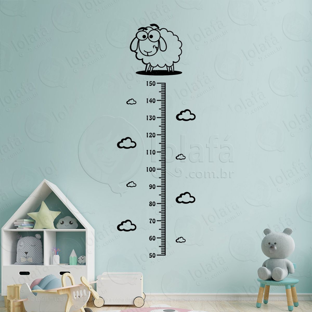 Ovelha e Nuvens Adesivo Régua de Crescimento Infantil, Medidor de Altura para Quarto, Porta e Parede Mod:82