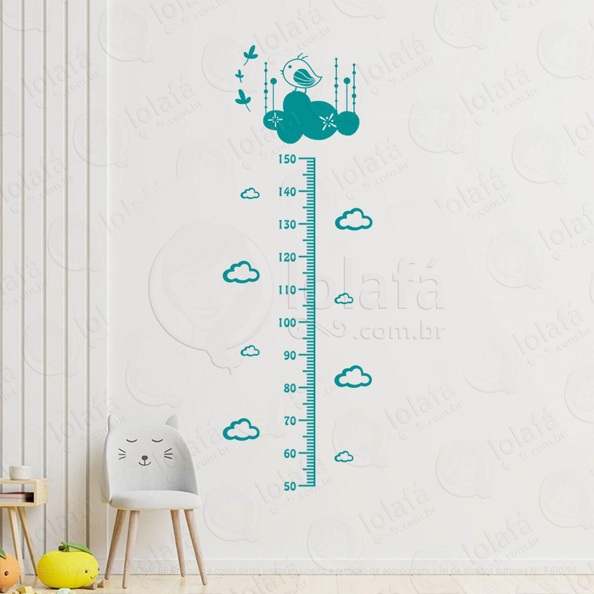 Pássaro e Nuvens Adesivo Régua de Crescimento Infantil, Medidor de Altura para Quarto, Porta e Parede Mod:85
