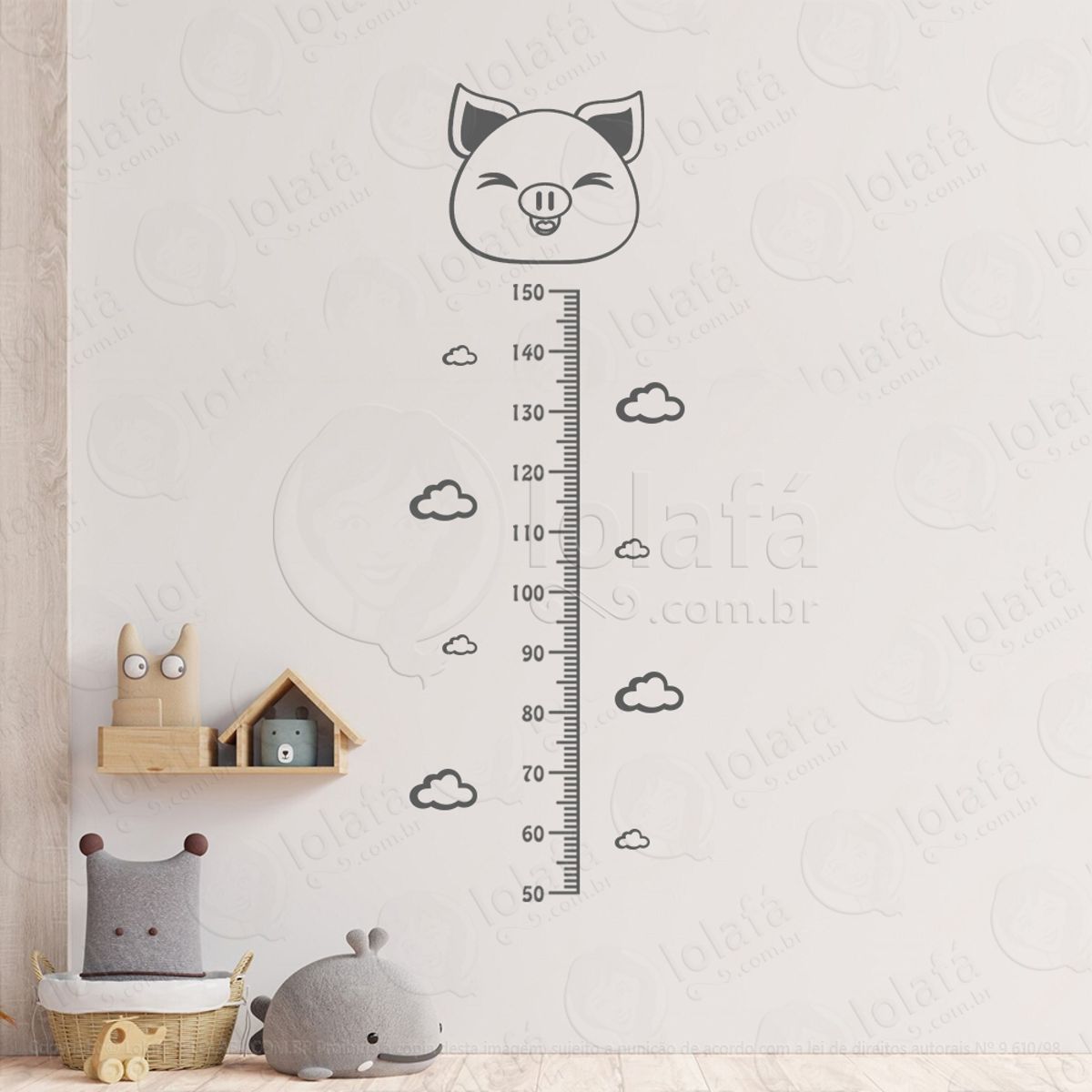 Porco e Nuvens Adesivo Régua de Crescimento Infantil, Medidor de Altura para Quarto, Porta e Parede Mod:88