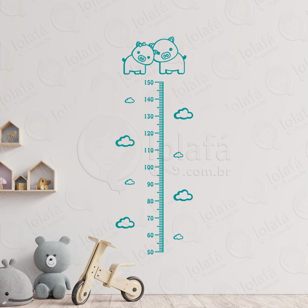 Porcos e Nuvens Adesivo Régua de Crescimento Infantil, Medidor de Altura para Quarto, Porta e Parede Mod:89