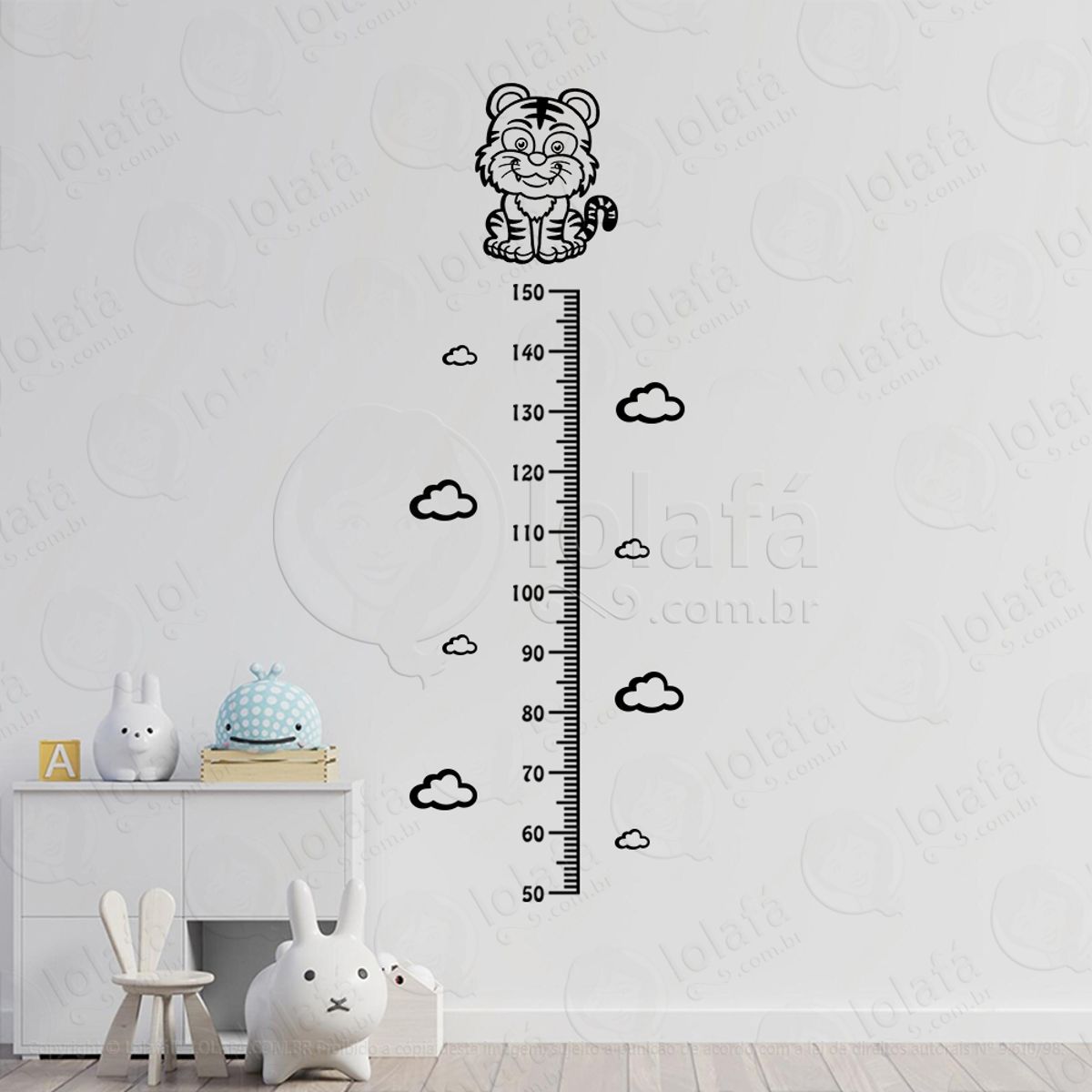 Tigre e Nuvens Adesivo Régua de Crescimento Infantil, Medidor de Altura para Quarto, Porta e Parede Mod:96