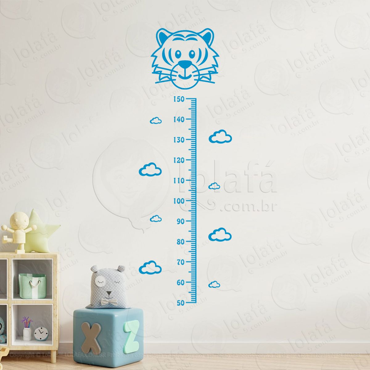 Tigre e Nuvens Adesivo Régua de Crescimento Infantil, Medidor de Altura para Quarto, Porta e Parede Mod:99