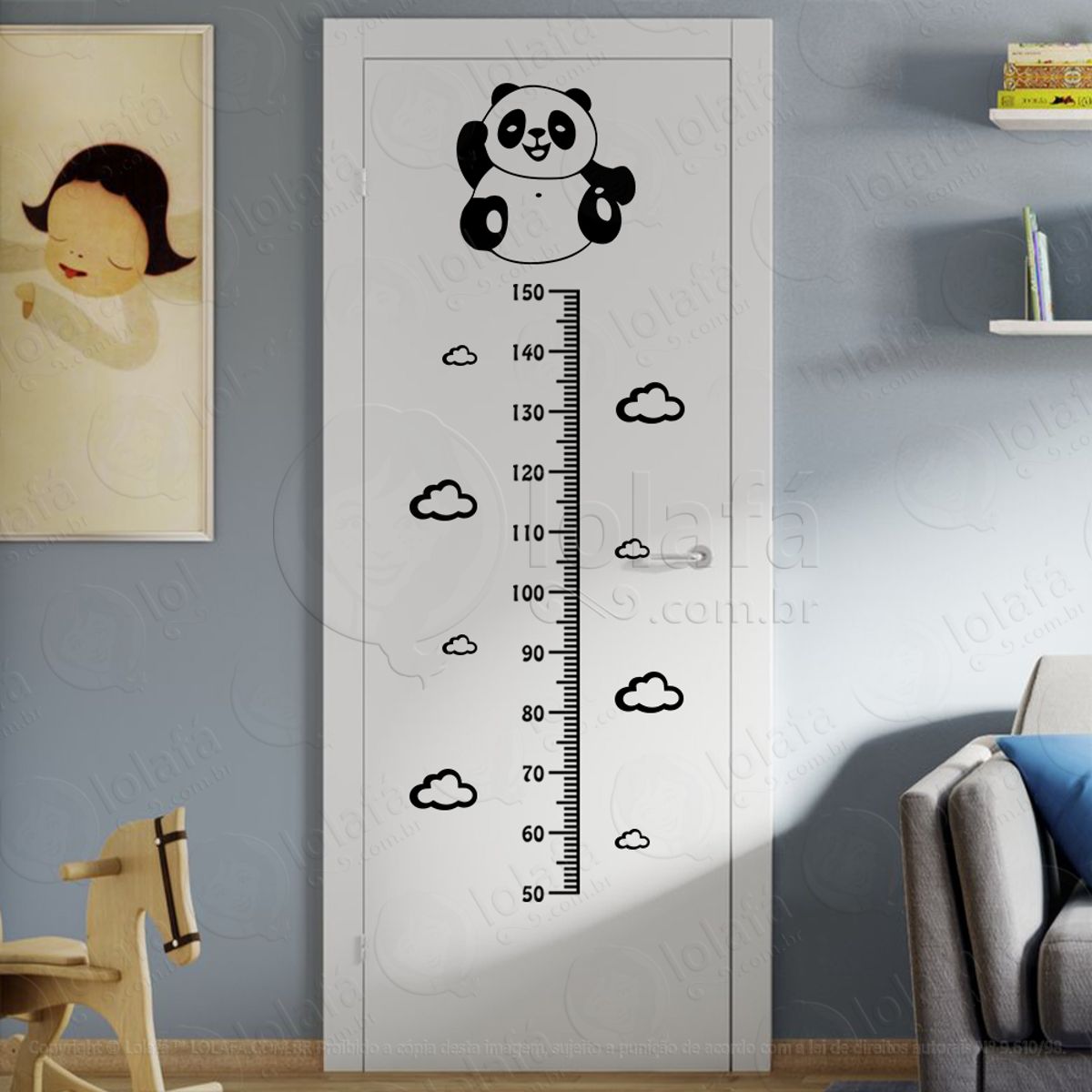 Urso Panda e Nuvens Adesivo Régua de Crescimento Infantil, Medidor de Altura para Quarto, Porta e Parede Mod:102
