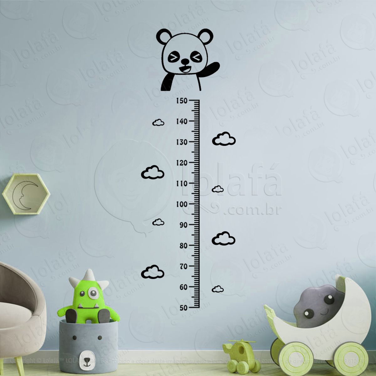 Urso Panda e Nuvens Adesivo Régua de Crescimento Infantil, Medidor de Altura para Quarto, Porta e Parede Mod:104