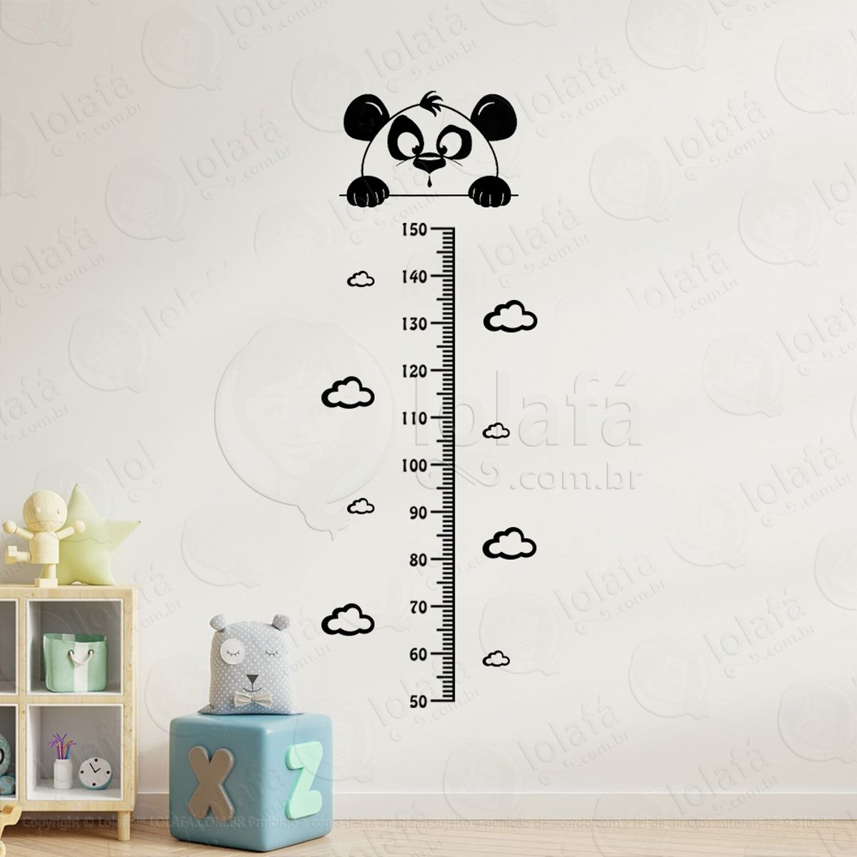 Urso Panda e Nuvens Adesivo Régua de Crescimento Infantil, Medidor de Altura para Quarto, Porta e Parede Mod:105