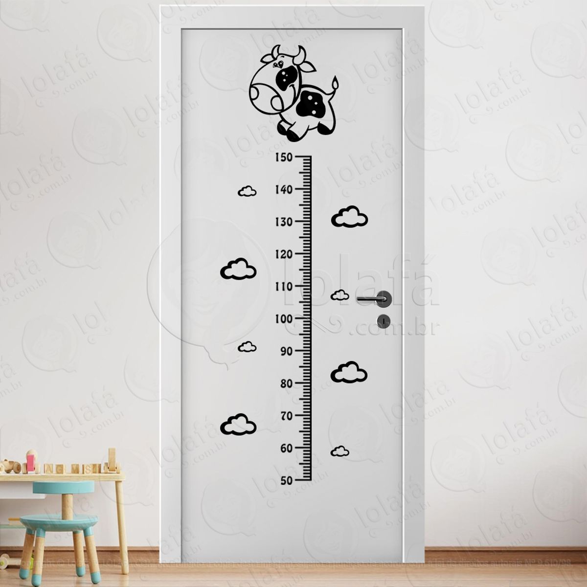 Vaca e Nuvens Adesivo Régua de Crescimento Infantil, Medidor de Altura para Quarto, Porta e Parede Mod:108