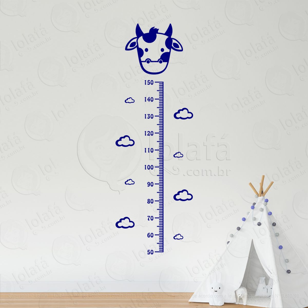 Vaca e Nuvens Adesivo Régua de Crescimento Infantil, Medidor de Altura para Quarto, Porta e Parede Mod:109