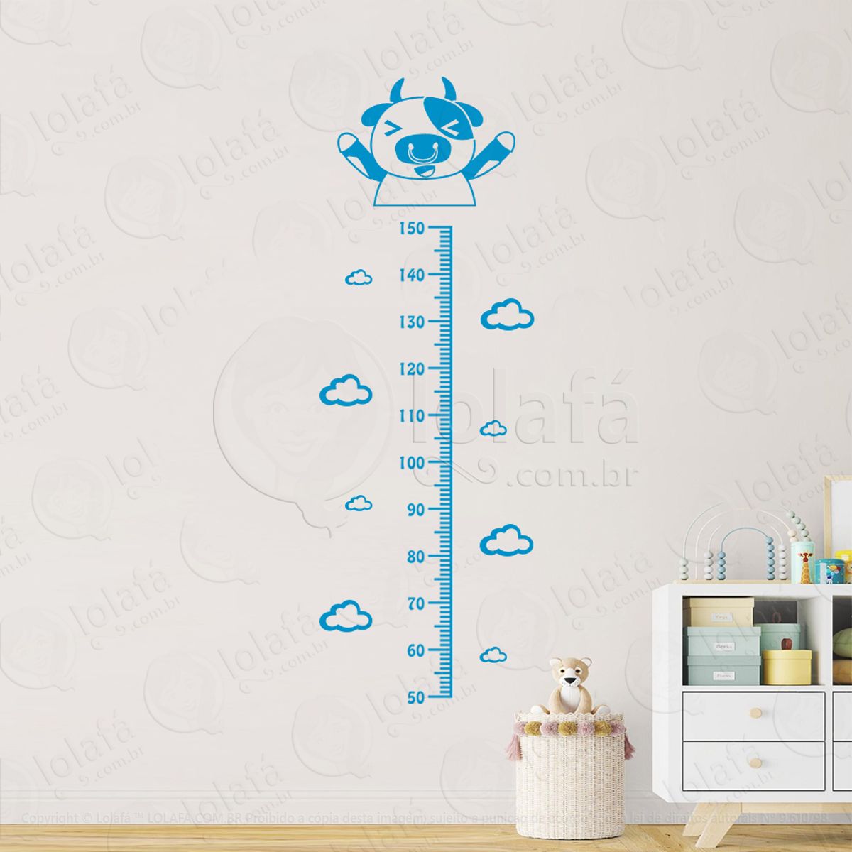 Vaca e Nuvens Adesivo Régua de Crescimento Infantil, Medidor de Altura para Quarto, Porta e Parede Mod:110