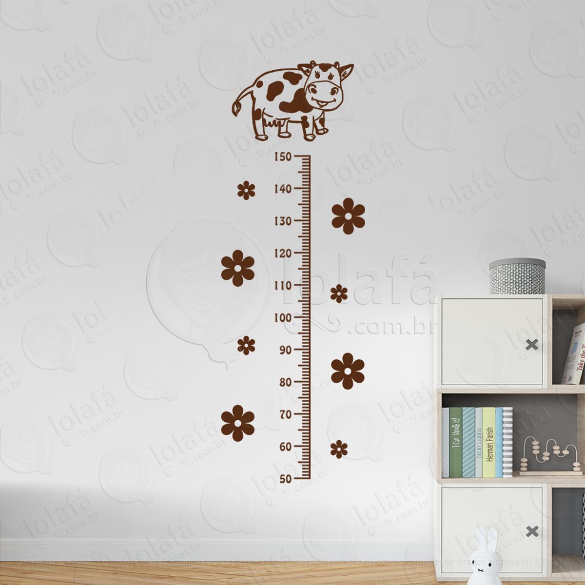 Vaca e Flores Adesivo Régua de Crescimento Infantil, Medidor de Altura para Quarto, Porta e Parede Mod:111