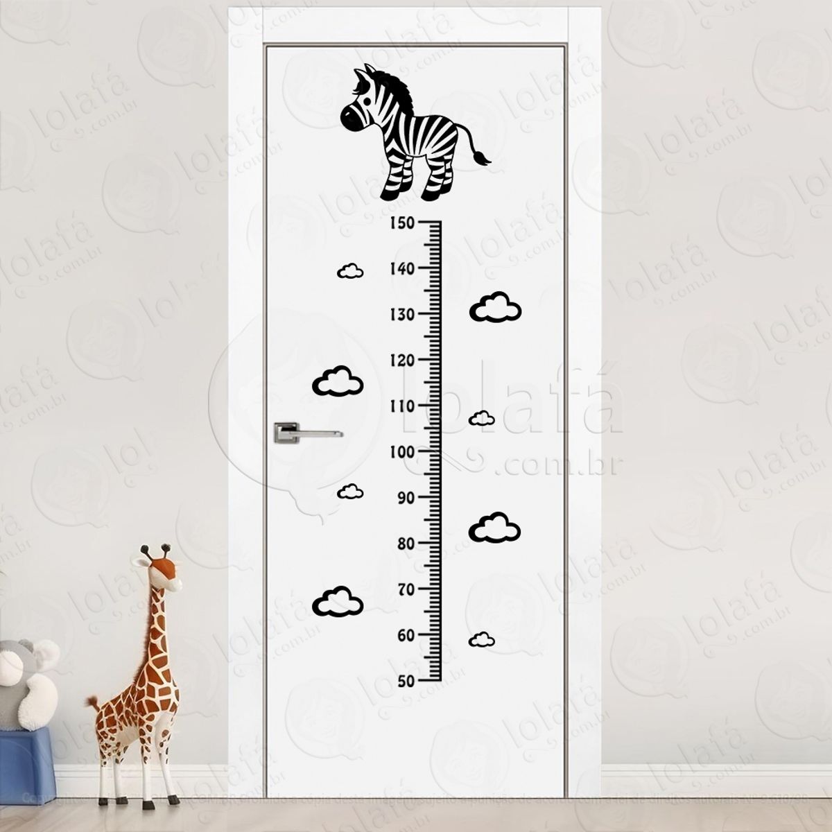 Zebra e Nuvens Adesivo Régua de Crescimento Infantil, Medidor de Altura para Quarto, Porta e Parede Mod:112