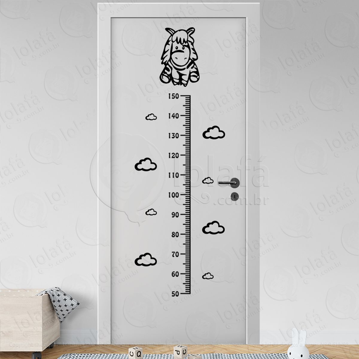 Zebra e Nuvens Adesivo Régua de Crescimento Infantil, Medidor de Altura para Quarto, Porta e Parede Mod:113