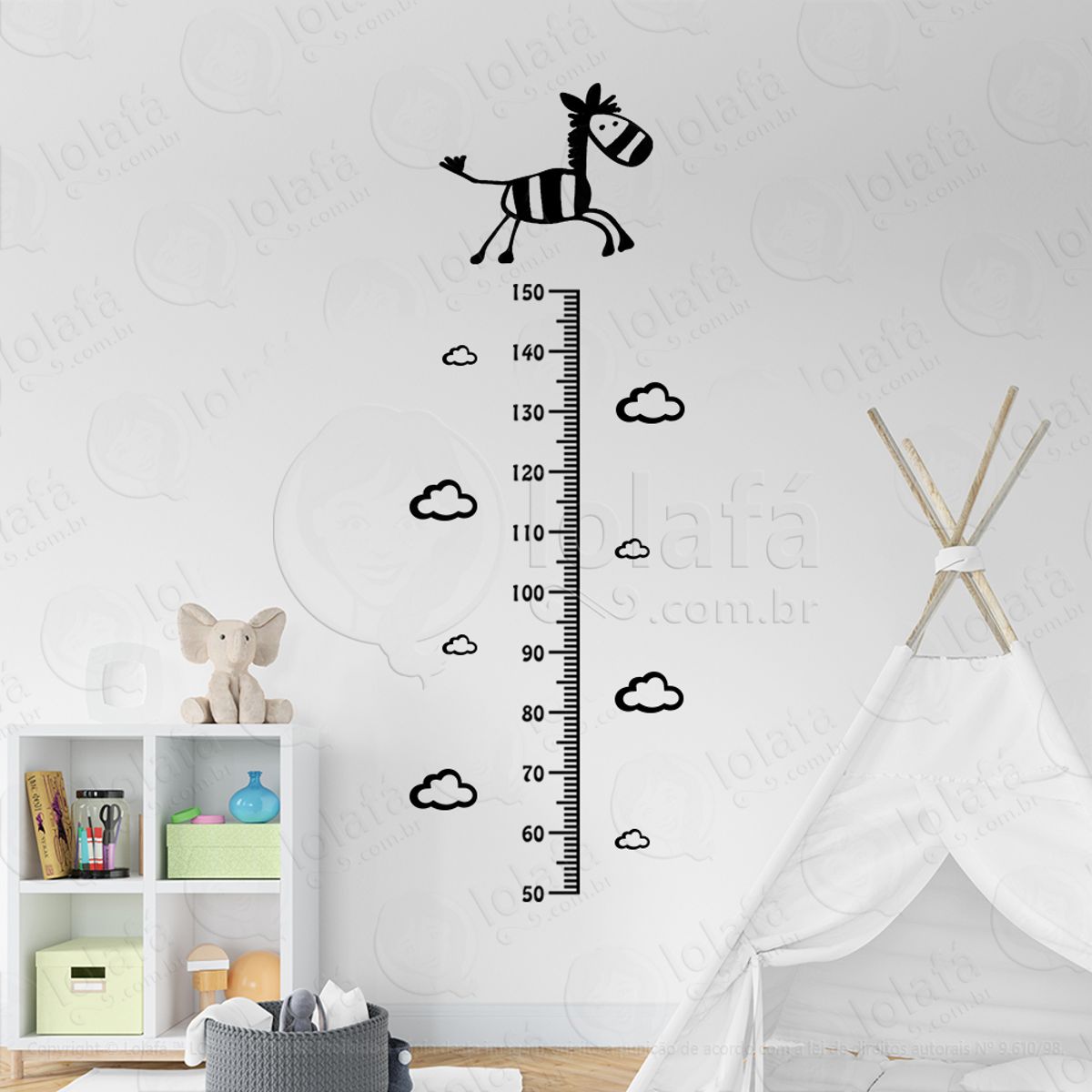 Zebra e Nuvens Adesivo Régua de Crescimento Infantil, Medidor de Altura para Quarto, Porta e Parede Mod:114