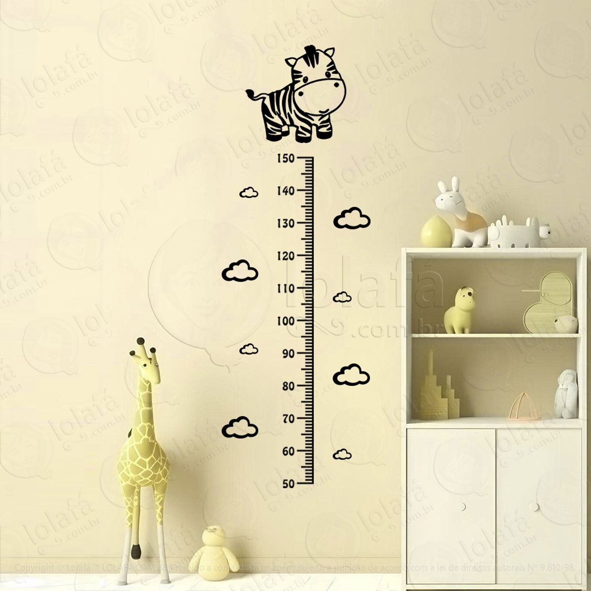 Zebra e Nuvens Adesivo Régua de Crescimento Infantil, Medidor de Altura para Quarto, Porta e Parede Mod:115