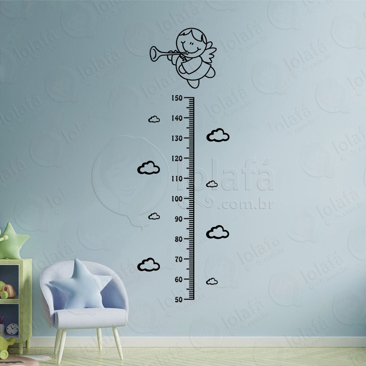 Anjo e Nuvens Adesivo Régua de Crescimento Infantil, Medidor de Altura para Quarto, Porta e Parede Mod:117